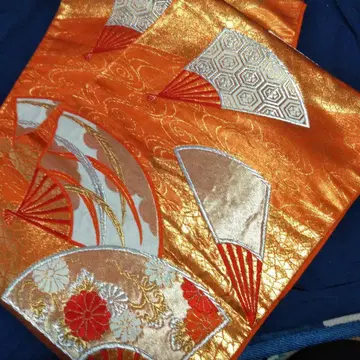 오렌지 컬러 후쿠로 오비 부채와 꽃무늬 자수
