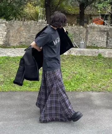 [ ok.soon ] tartan check long skirt