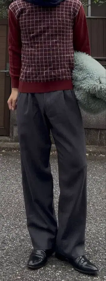 WEATHERCOCK 버건디 체크 무늬 니트 L