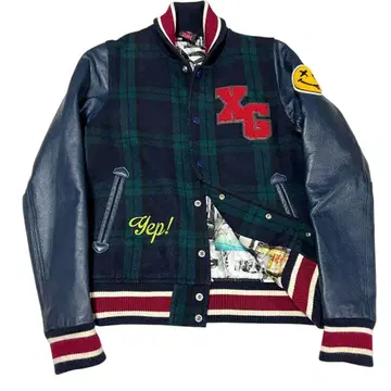 X-girl 엑스걸 바시티 자켓 가죽 체크 그린 네이비