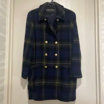 에스카다 체크 울 코트 더블 브레스트 코트 골드 버튼 38