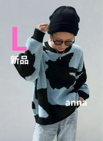 [새상품] 시마무라 anna 배색 빅 니트 풀오버 L 사이즈 중청 블루