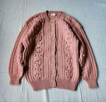 울 100% 폼폼 니트 가디건 더스티 핑크 레트로 귀여운