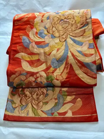 오렌지 계열 꽃무늬 후쿠로 오비 실크