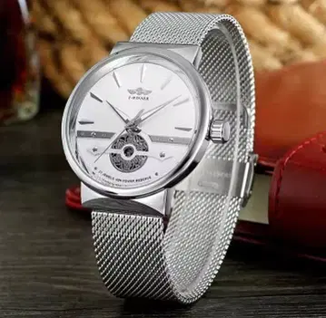 자동 와인딩 손목시계 실버 메쉬 밴딩