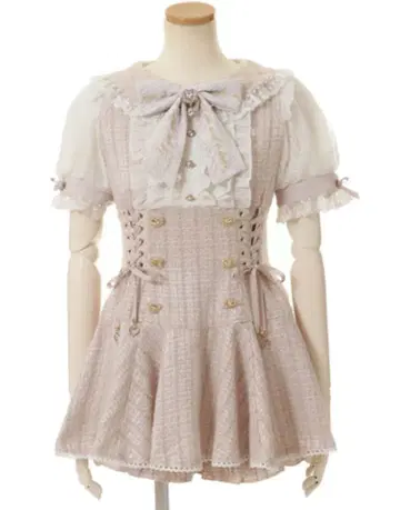 반팔 메시지 리본 트위드 셋업