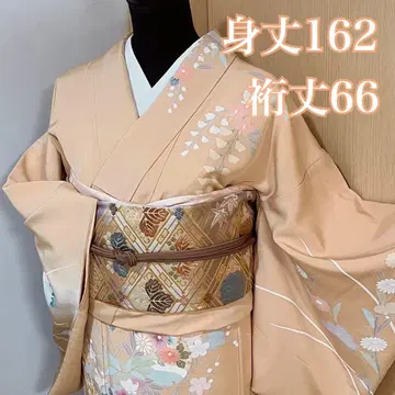 호몬기 츠케사게 이중 기모노 순수 실크 오렌지 베이지 옅은 주황