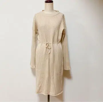 베이지 리브 니트 원피스 긴팔