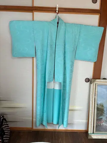 스카이블루 물결 무늬 이로무지 기모노