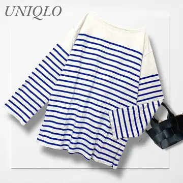 유니클로 보더 오버 사이즈 티(L) 화이트 파랑 성숙 캐주얼 상쾌함