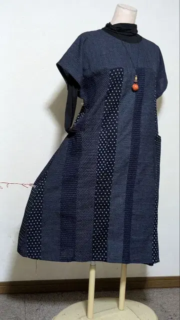 서생 무늬 눈송이 패턴 네이비 나염 빈티지 원단 기모노 리메이크 원피스