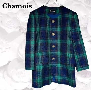 [샤미] 노카라 자켓 [M] 네이비 체크 골드 버튼 클래식