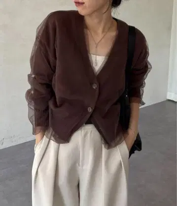 브라운 튤 레이어드 가디건 마쥬