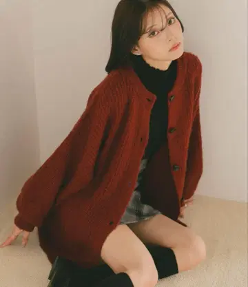 VANNIE U 믹스 오버 니트 가디건 레드