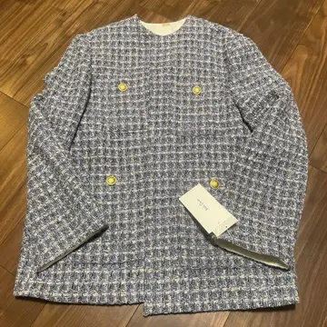 미라 오웬 금장 버튼 패치 포켓 루즈 트위드 자켓 블루 계열