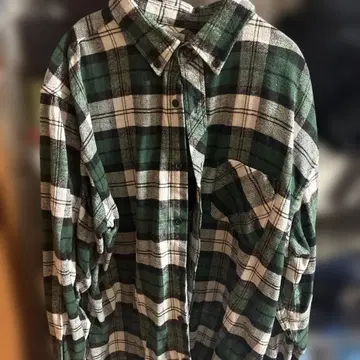 그린과 화이트 체크 무늬 XL 긴팔 플란넬 셔츠