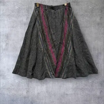 플레어 스커트 롱 기장 울 혼방 허리밴딩 일본제 네이비 W63