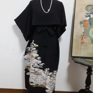 리메이크 기모노 롱 원피스 볼레로 포함 L 사이즈 순수 실크
