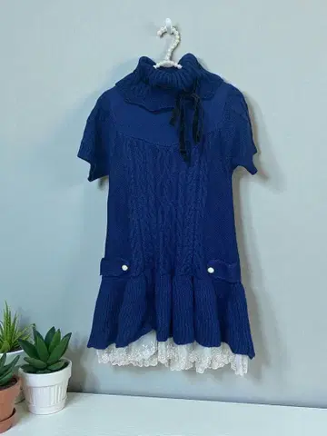 네이비 케이블 짜임 반팔 원피스