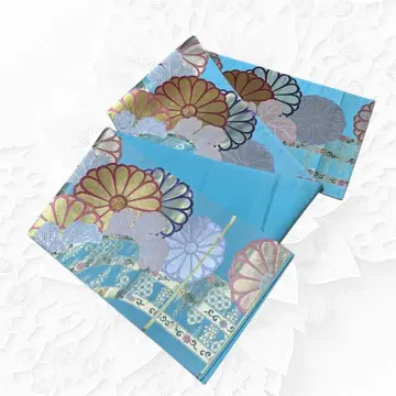 후쿠로 오비 성인식 후리소데 파란색 꽃무늬 자수 기모노