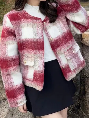[ 새상품급 ] GRL 빨간색과 화이트 체크 무늬 노카라 자켓