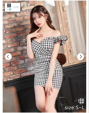 DAZZY 카슈쿨 깅엄 체크 프릴 오프숄더 타이트 미니 드레스 M