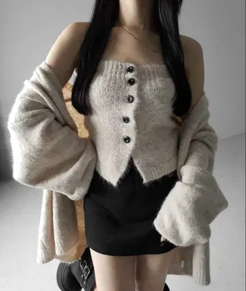 [ 2세트 ] 니트 버튼 뷔스티에 + 롱 가디건 베이지 오버 사이즈