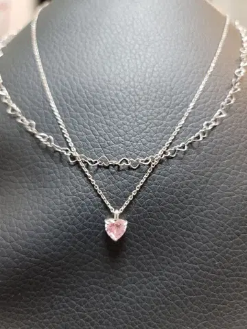 하트형 핑크 스톤 장식 실버 목걸이 [스털링 실버]