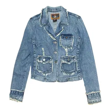 Y2K 트루 릴리젼 신치 벨트 포함 데미지 가공 데님 자켓