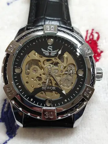 기계식 자동 와인딩 (수동 와인딩 겸용) 손목시계 블랙/골드 풀 스켈레톤