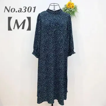 꽃무늬 롱 원피스 M 얇은 소재 올 패턴 7부 소매 네이비 그린 꽃무늬