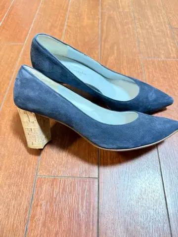 긴자 카네마츠 네이비 스웨이드 코르크 힐 펌프스 25.0cm