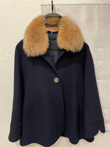 네이비 울 판초 코트 퍼 카라 부착