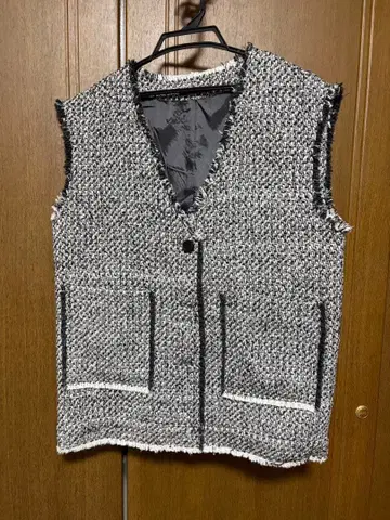 트위드 슬리브리스 베스트 화이트 블랙