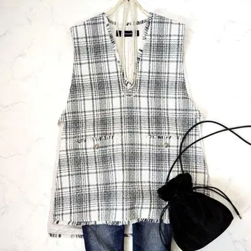 컨디션 최상 저널 스탠다드 트위드 베스트 체크 무늬 베스트 미들 기장