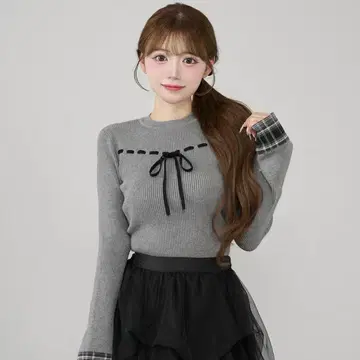 다리치 Darich 체크 커프스 리본 니트탑