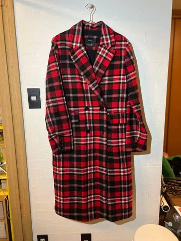 롱 코트 체스터 코트 빨간색 체크 더블 브레스트 체크 코트