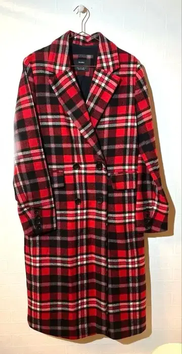 롱 코트 체스터 코트 빨간색 체크 더블 브레스트 체크 코트