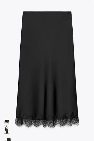 새틴 레이스 미디 스커트