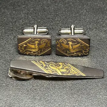 컨디션 최상 상감 봉황 불새 디자인 패턴 넥타이핀 커프스링크 세트