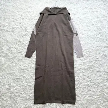 [ 앙코키누 ] 카키 스타 니트 후데트 롱 원피스 별 패턴 M