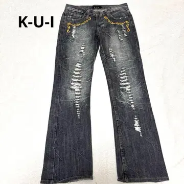 K-U-I 데미지 가공 데님 청바지 그레이 계열 자수 사이즈 30