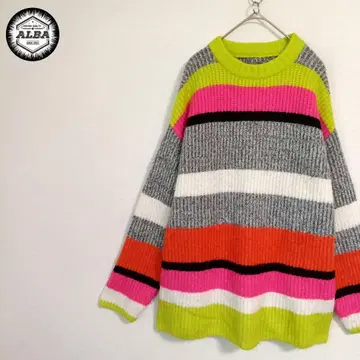 니트 스웨터 보더 비비드 컬러 형광색 네온 컬러 오버 사이즈