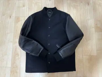 울 가죽 바시티 자켓 블랙