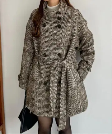 스탠드 카라 헤링본 미들 코트 브라운