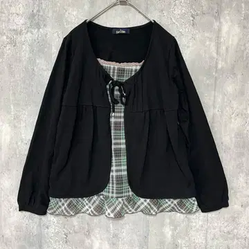 East Boy 체크 무늬 도킹 가디건풍 상의 리본 포함