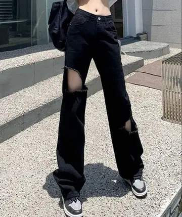 데미지 블랙 데님 팬츠