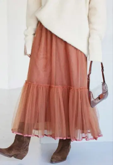 IENA 리본 튤 스커트 브라운 튤 롱 스커트