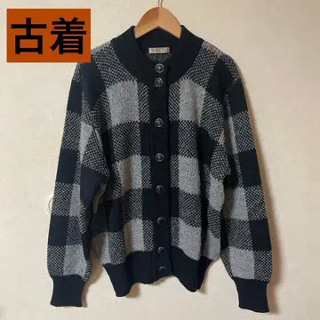 [ 구제 의류 ] 니트 가디건 니트 깅엄 체크 블랙 x 그레이 M 사이즈