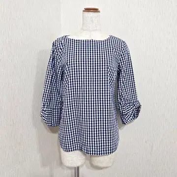Te chichi 깅엄 체크 블라우스 (M) 리본 슬리브 네이비